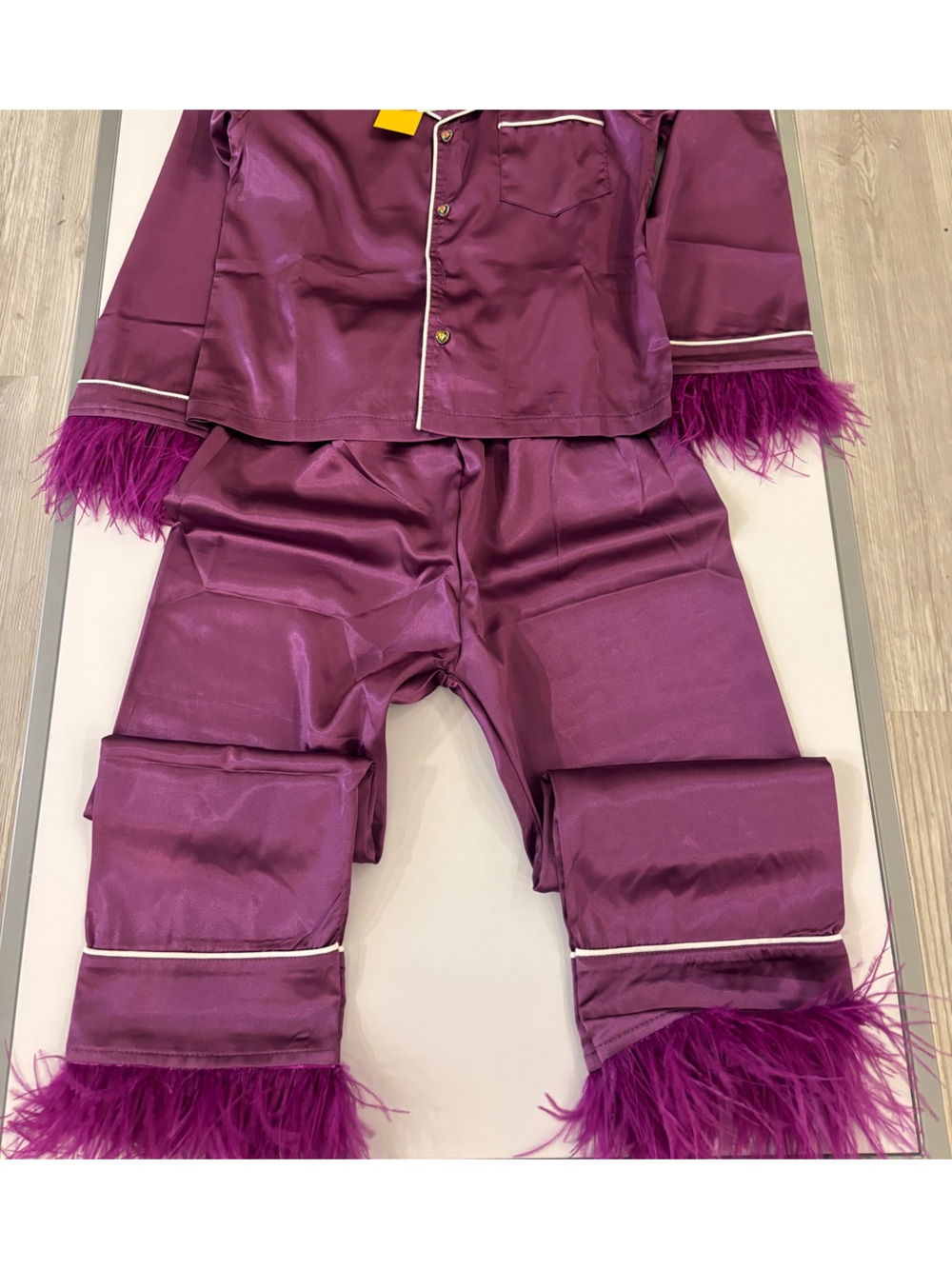 Kids Lola and the boys Plum Satin Pajama Set with Feather Trim